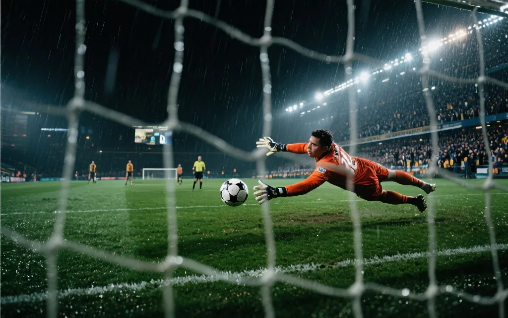 雨夜球场的点球大战瞬间，门将扑救与球迷屏息的紧张氛围
