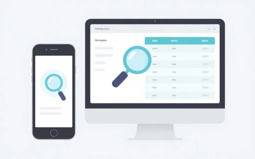 手机与电脑屏幕上的网站对比表与放大镜，强调核验与透明