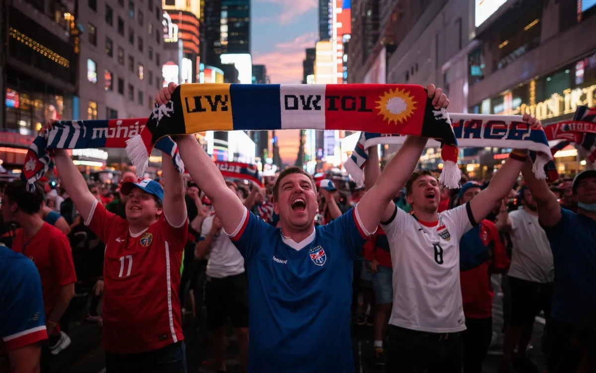 球迷在北美大城市街头举起围巾庆祝的场景