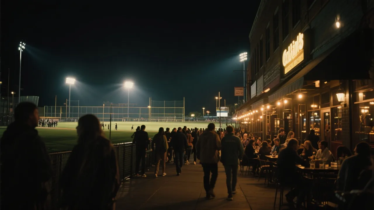 夜晚球场外的人流与周边街区餐饮灯光氛围