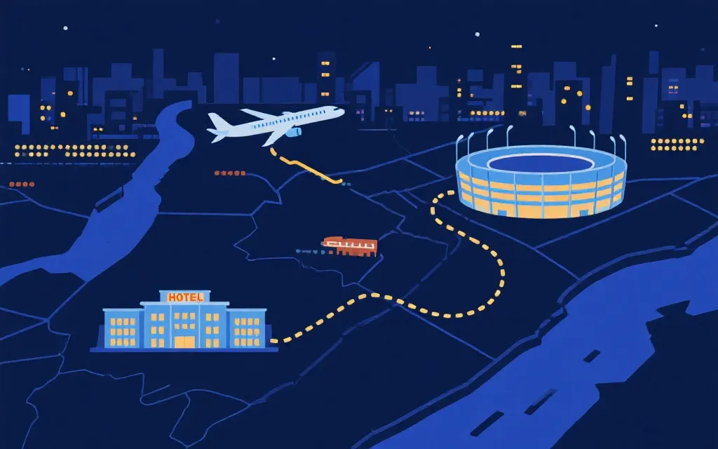 加拿大城市间移动与球迷行程规划：机场、酒店与球场的路线示意