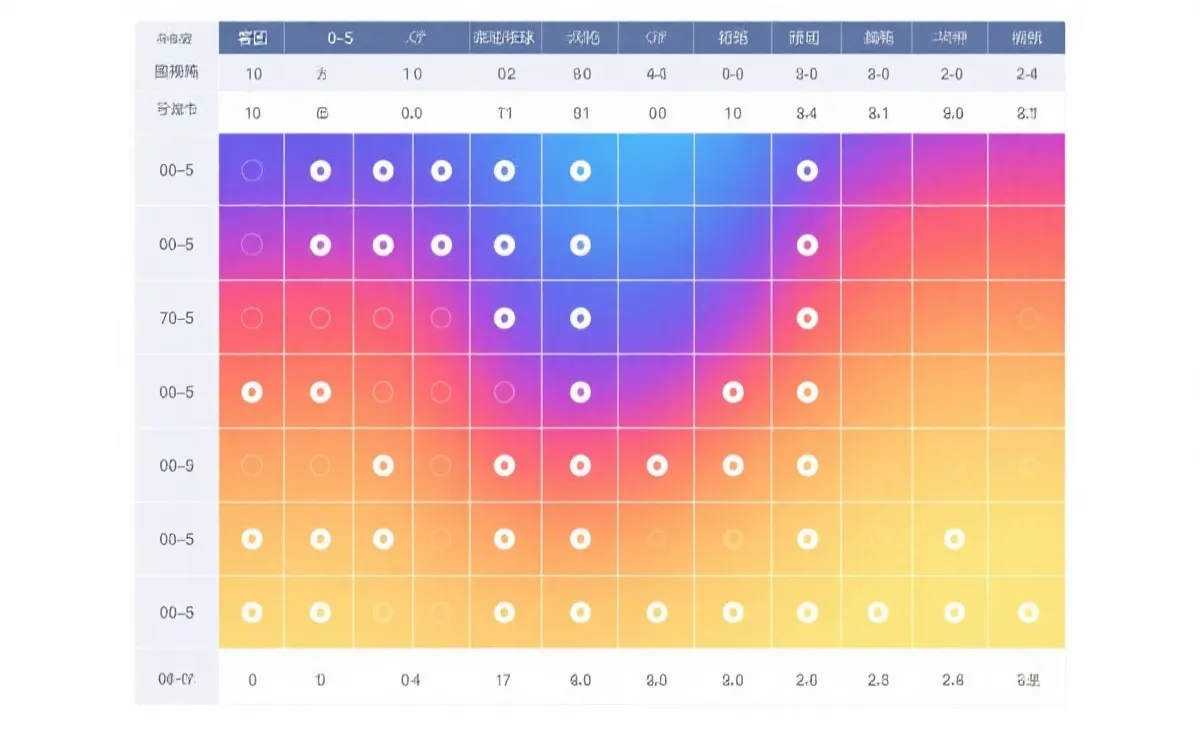 比分概率矩阵热力图示意：横轴客队进球0-5，纵轴主队进球0-5，颜色表示概率